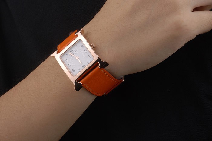 Hermes Heure H Rose lunette en or orange bracelet en cuir cadran blanc 80234-1
