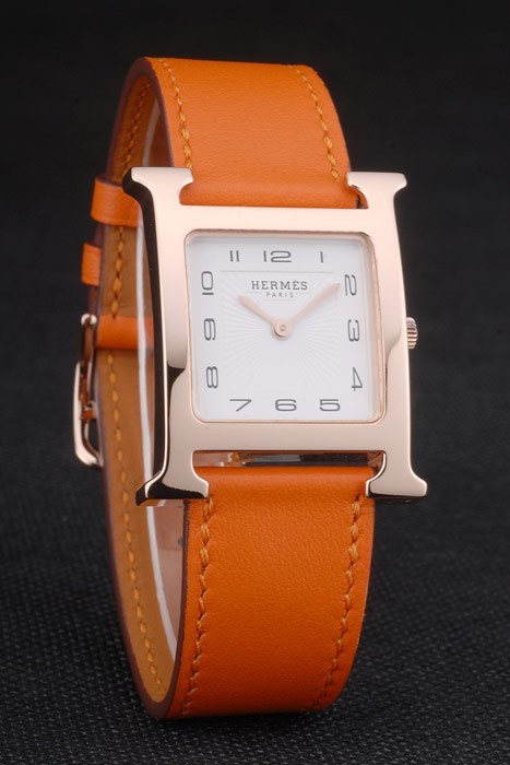 Hermes Heure H Rose lunette en or orange bracelet en cuir cadran blanc 80234-2