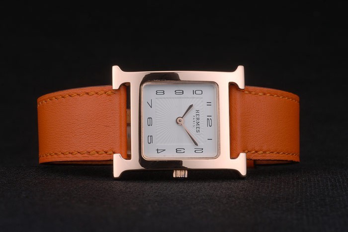 Hermes Heure H Rose lunette en or orange bracelet en cuir cadran blanc 80234-3