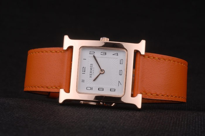 Hermes Heure H Rose lunette en or orange bracelet en cuir cadran blanc 80234-4