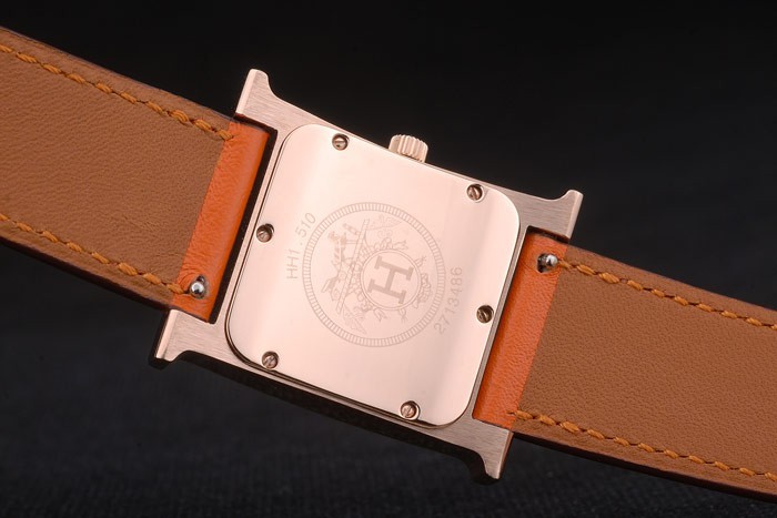 Hermes Heure H Rose lunette en or orange bracelet en cuir cadran blanc 80234-6