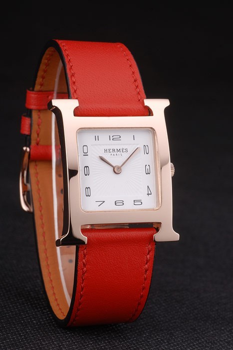 Hermes Heure H Rose lunette en or blanc cadran rouge bracelet en cuir 80233-2