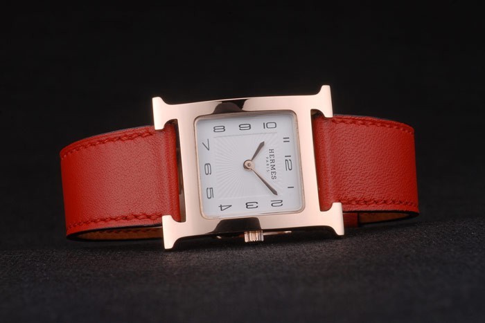Hermes Heure H Rose lunette en or blanc cadran rouge bracelet en cuir 80233-3