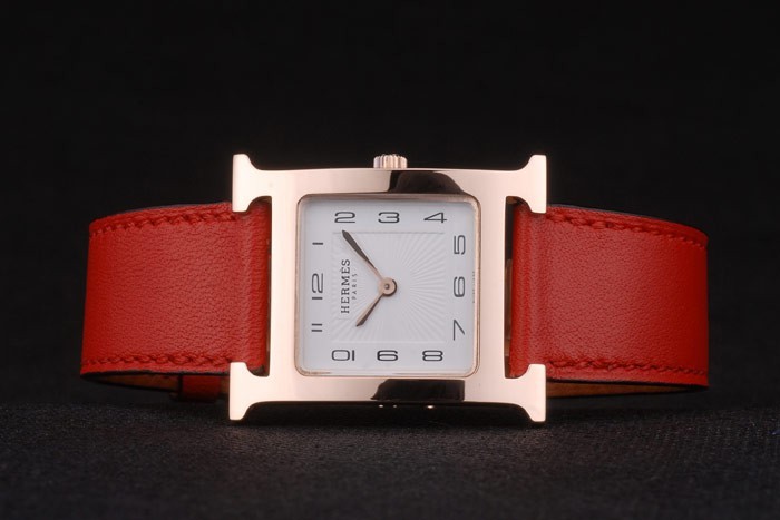 Hermes Heure H Rose lunette en or blanc cadran rouge bracelet en cuir 80233-4