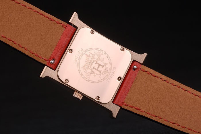Hermes Heure H Rose lunette en or blanc cadran rouge bracelet en cuir 80233-6