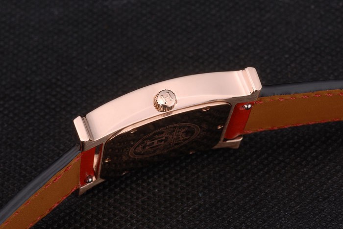 Hermes Heure H Rose lunette en or blanc cadran rouge bracelet en cuir 80233-7