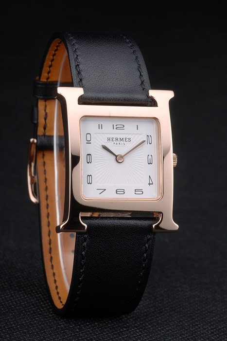 Hermes Heure H Rose lunette en or bracelet en cuir noir cadran blanc 80235-2