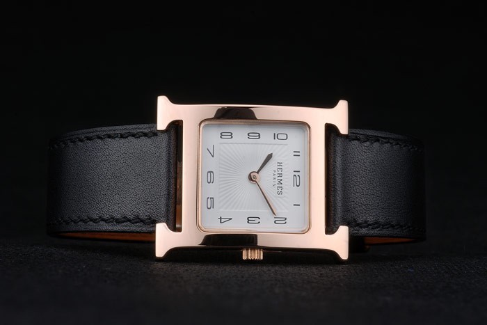 Hermes Heure H Rose lunette en or bracelet en cuir noir cadran blanc 80235-3