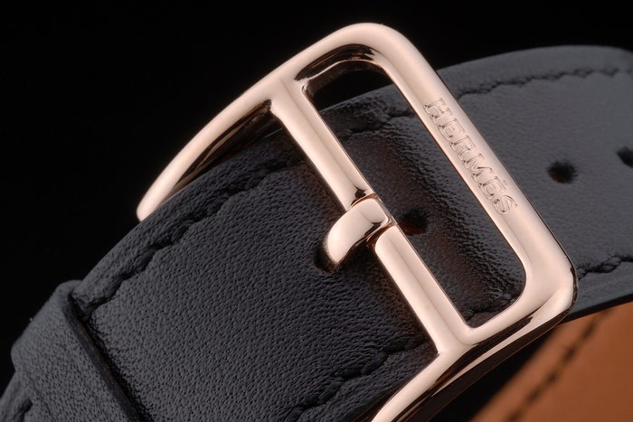 Hermes Heure H Rose lunette en or bracelet en cuir noir cadran blanc 80235-5