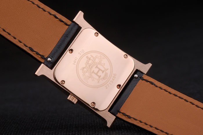 Hermes Heure H Rose lunette en or bracelet en cuir noir cadran blanc 80235-6