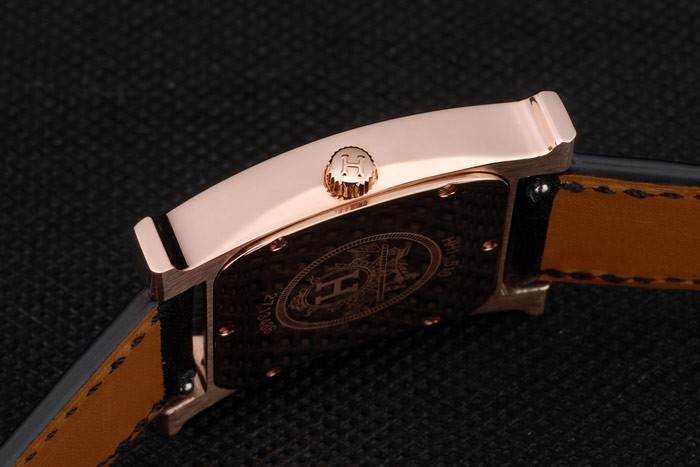 Hermes Heure H Rose lunette en or bracelet en cuir noir cadran blanc 80235-7