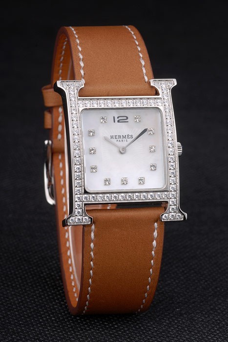 Hermes Heure H en acier inoxydable diamant Encrusted Bezel Tan bracelet en cuir cadran blanc 80232-2