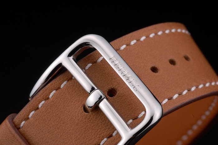 Hermes Heure H en acier inoxydable diamant Encrusted Bezel Tan bracelet en cuir cadran blanc 80232-5