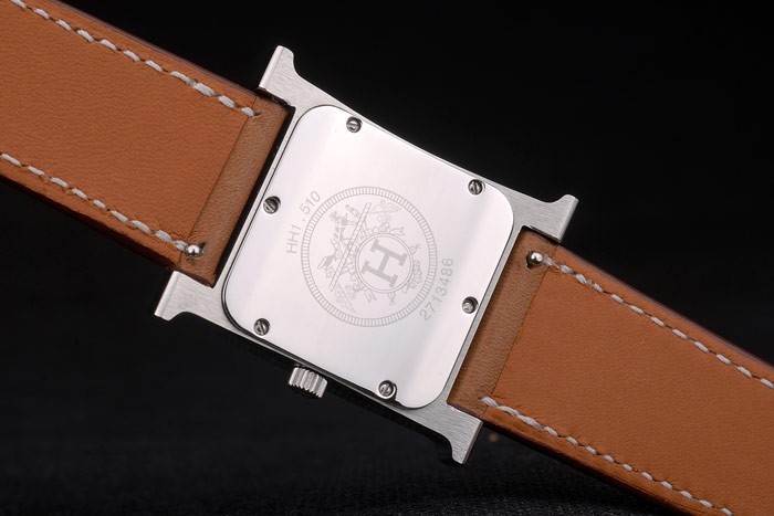 Hermes Heure H en acier inoxydable diamant Encrusted Bezel Tan bracelet en cuir cadran blanc 80232-6