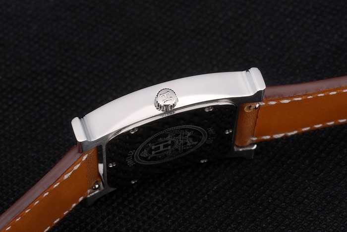 Hermes Heure H en acier inoxydable diamant Encrusted Bezel Tan bracelet en cuir cadran blanc 80232-7