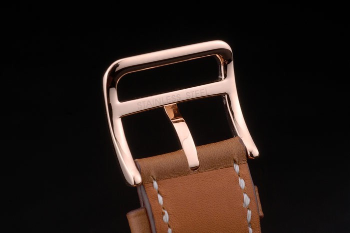 Hermes Heure H Or Rose Diamond Bezel Encrusted Tan bracelet en cuir cadran blanc 80236-9