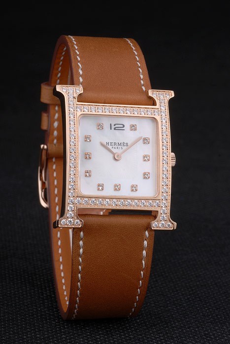 Hermes Heure H Or Rose Diamond Bezel Encrusted Tan bracelet en cuir cadran blanc 80236-2