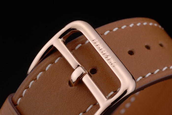 Hermes Heure H Or Rose Diamond Bezel Encrusted Tan bracelet en cuir cadran blanc 80236-5
