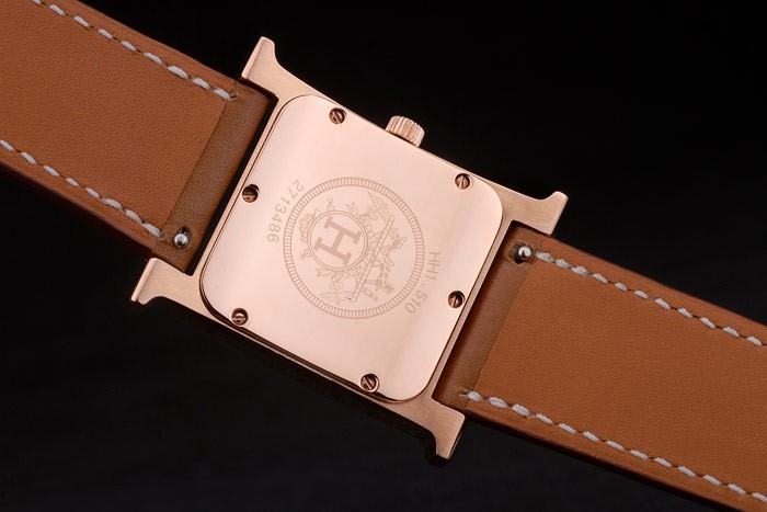 Hermes Heure H Or Rose Diamond Bezel Encrusted Tan bracelet en cuir cadran blanc 80236-6