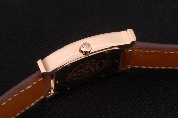 Hermes Heure H Or Rose Diamond Bezel Encrusted Tan bracelet en cuir cadran blanc 80236-7