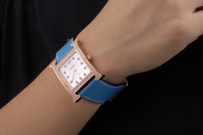Hermes Heure H Rose d'or incrusté de diamants Lunette bracelet de cuir bleu cadran blanc 80238-1