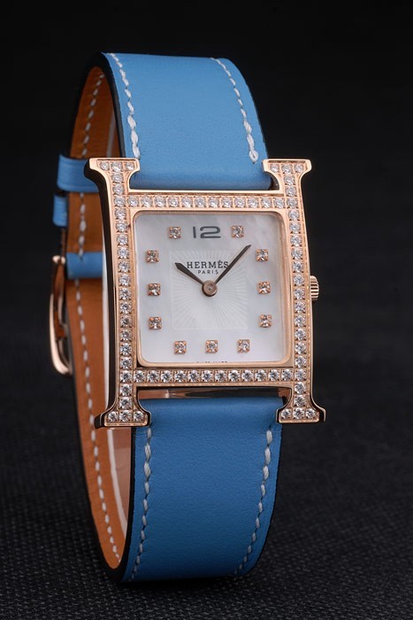 Hermes Heure H Rose d'or incrusté de diamants Lunette bracelet de cuir bleu cadran blanc 80238-2
