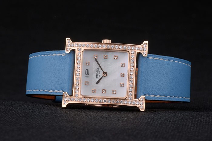 Hermes Heure H Rose d'or incrusté de diamants Lunette bracelet de cuir bleu cadran blanc 80238-3