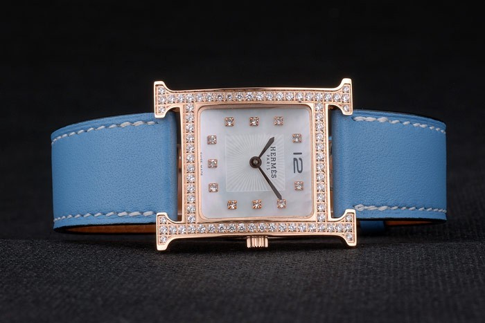 Hermes Heure H Rose d'or incrusté de diamants Lunette bracelet de cuir bleu cadran blanc 80238-4