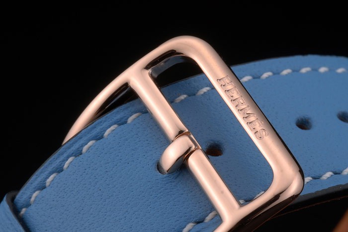 Hermes Heure H Rose d'or incrusté de diamants Lunette bracelet de cuir bleu cadran blanc 80238-5