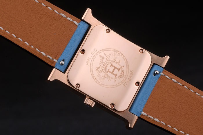 Hermes Heure H Rose d'or incrusté de diamants Lunette bracelet de cuir bleu cadran blanc 80238-6