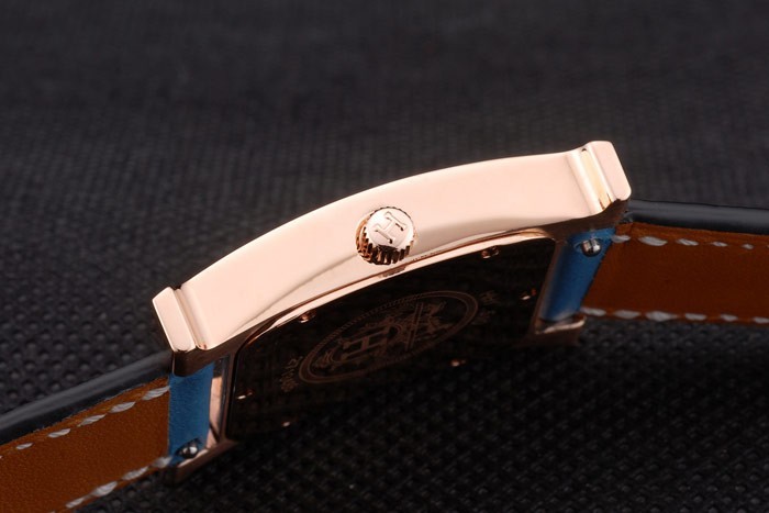 Hermes Heure H Rose d'or incrusté de diamants Lunette bracelet de cuir bleu cadran blanc 80238-7
