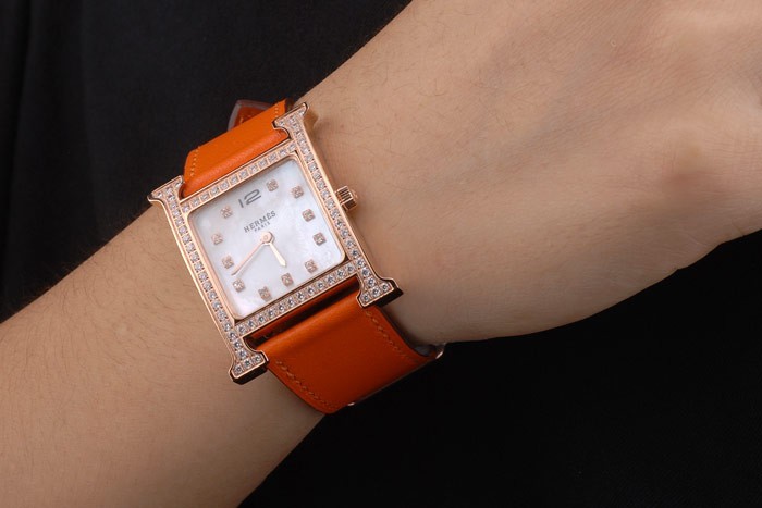 Hermes Heure H Rose d'or incrusté de diamants Lunette orange bracelet en cuir cadran blanc 80237-1