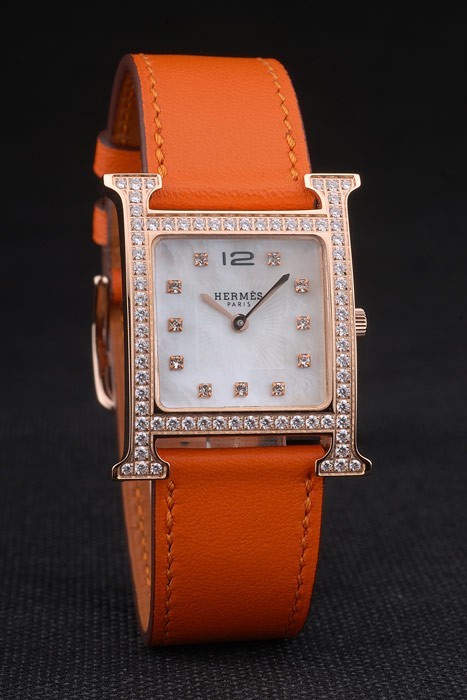 Hermes Heure H Rose d'or incrusté de diamants Lunette orange bracelet en cuir cadran blanc 80237-2