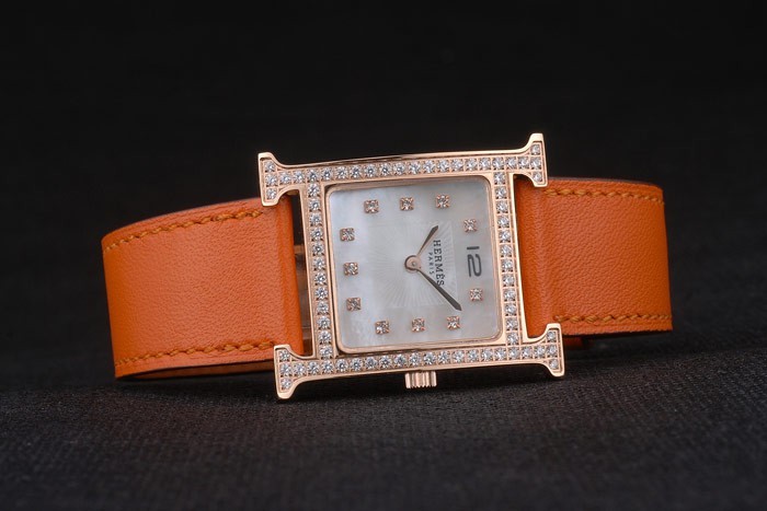 Hermes Heure H Rose d'or incrusté de diamants Lunette orange bracelet en cuir cadran blanc 80237-3