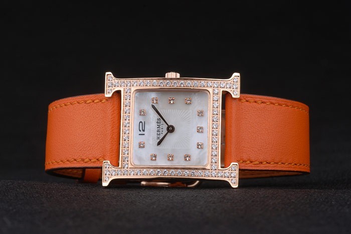 Hermes Heure H Rose d'or incrusté de diamants Lunette orange bracelet en cuir cadran blanc 80237-4