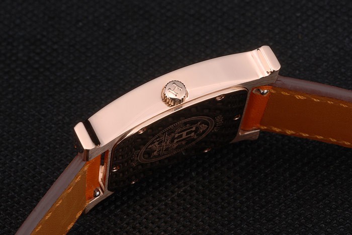 Hermes Heure H Rose d'or incrusté de diamants Lunette orange bracelet en cuir cadran blanc 80237-7