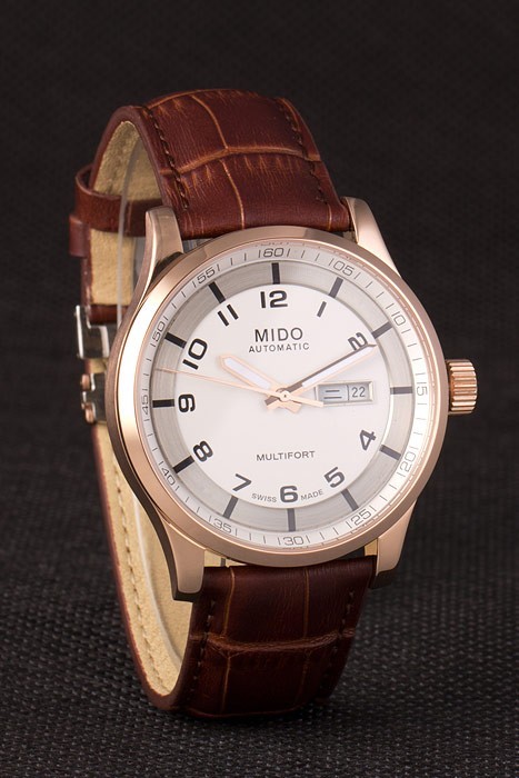 Mido Multifort Brown Croco bracelet en cuir blanc-cadran argenté 80300-2