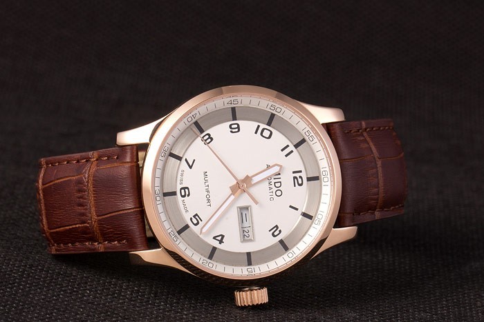 Mido Multifort Brown Croco bracelet en cuir blanc-cadran argenté 80300-3