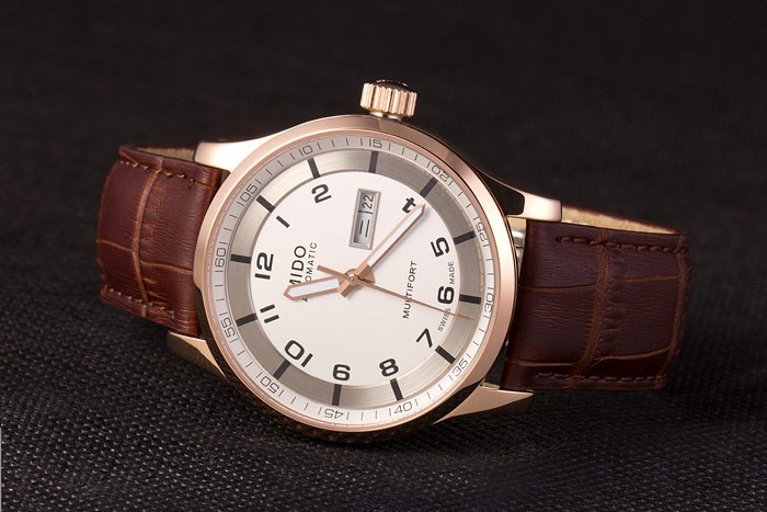 Mido Multifort Brown Croco bracelet en cuir blanc-cadran argenté 80300-4