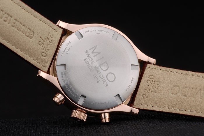 Mido Multifort or rose lunette en acier inoxydable Brown Croco Bracelet en cuir cadran blanc 80280-1