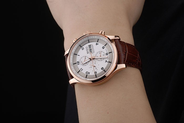 Mido Multifort or rose lunette en acier inoxydable Brown Croco Bracelet en cuir cadran blanc 80280-2