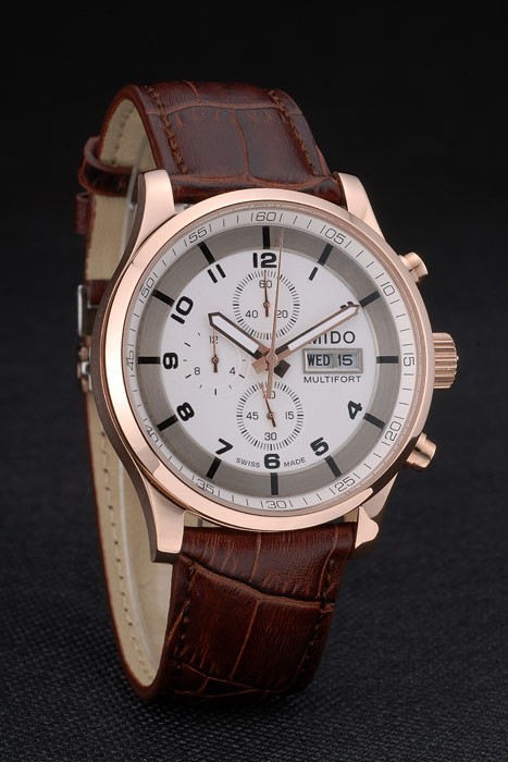 Mido Multifort or rose lunette en acier inoxydable Brown Croco Bracelet en cuir cadran blanc 80280-3