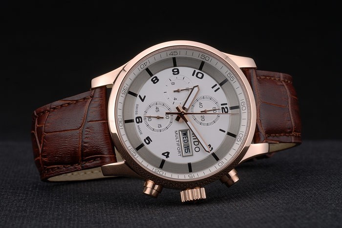 Mido Multifort or rose lunette en acier inoxydable Brown Croco Bracelet en cuir cadran blanc 80280-4