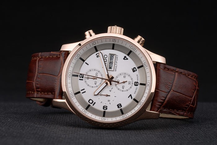 Mido Multifort or rose lunette en acier inoxydable Brown Croco Bracelet en cuir cadran blanc 80280-5