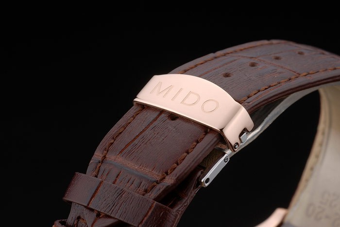 Mido Multifort or rose lunette en acier inoxydable Brown Croco Bracelet en cuir cadran blanc 80280-6
