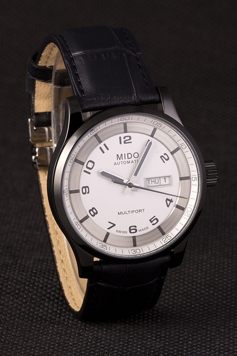 Mido Multifort Noir Croco bracelet en cuir blanc-cadran argenté 80297-2