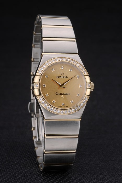 Swiss Lady Omega Constellation Cristal Encrusted Bezel Golden Dial 80293-1