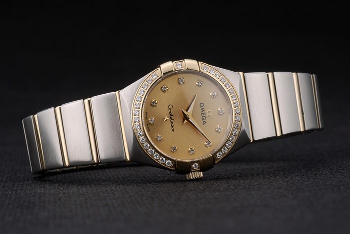 Swiss Lady Omega Constellation Cristal Encrusted Bezel Golden Dial 80293-2