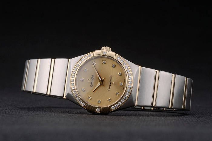 Swiss Lady Omega Constellation Cristal Encrusted Bezel Golden Dial 80293-3