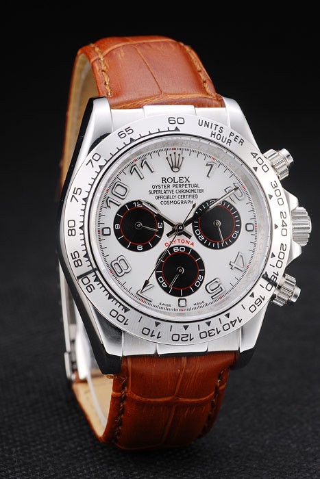 Acier inoxydable Rolex Daytona Case cadran blanc bracelet en cuir brun-3